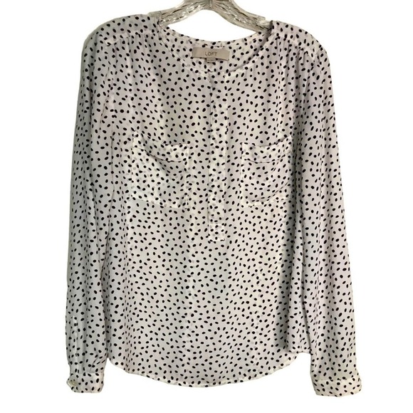 Loft Blouse Quarter Button Pockets White with Brown Polka Dots Size M - Picture 3 of 13